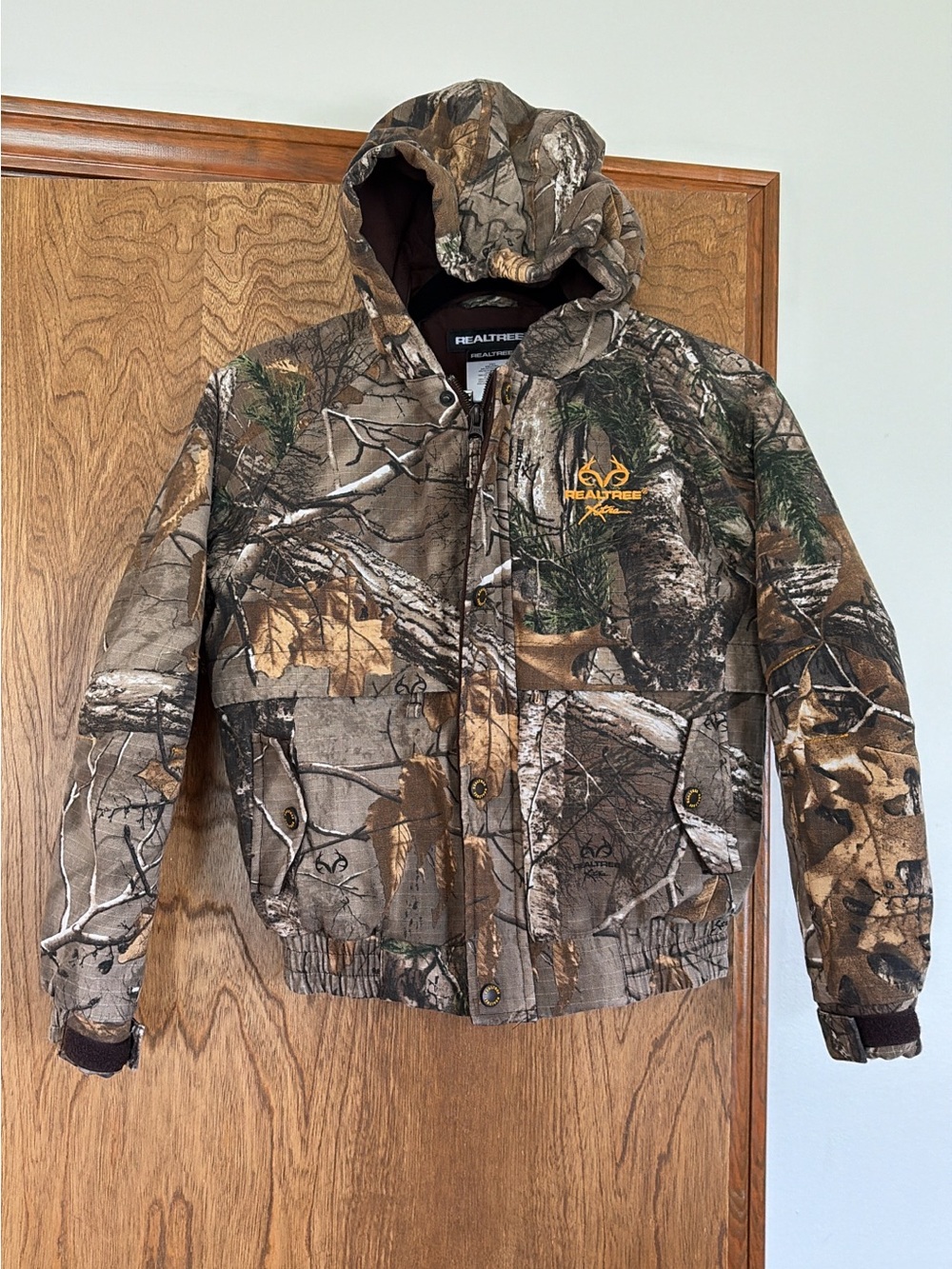 Realtree Brown Green Camo Hooded Work Jacket with Yellow Logo